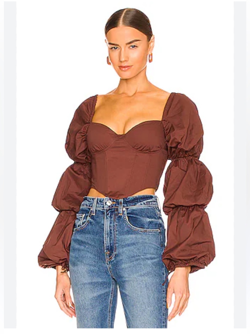 MAJORELLE Brown Corset Top with Voluminous Puff Sleeves